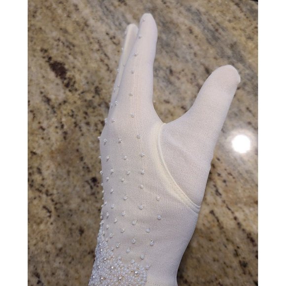 New? Vintage One Size Fits Cream Stretch Nylon Formal 8" Gloves Silver Tone Bead - Picture 13 of 16